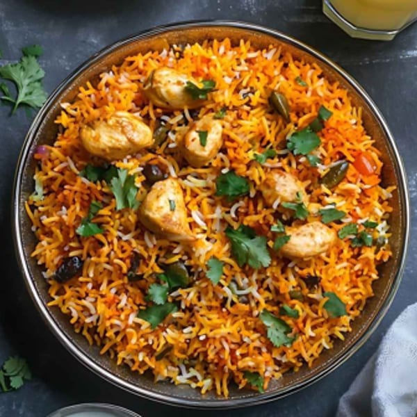 A bowl of chicken biryani with cilantro, green chilies, and raisins on a dark surface.