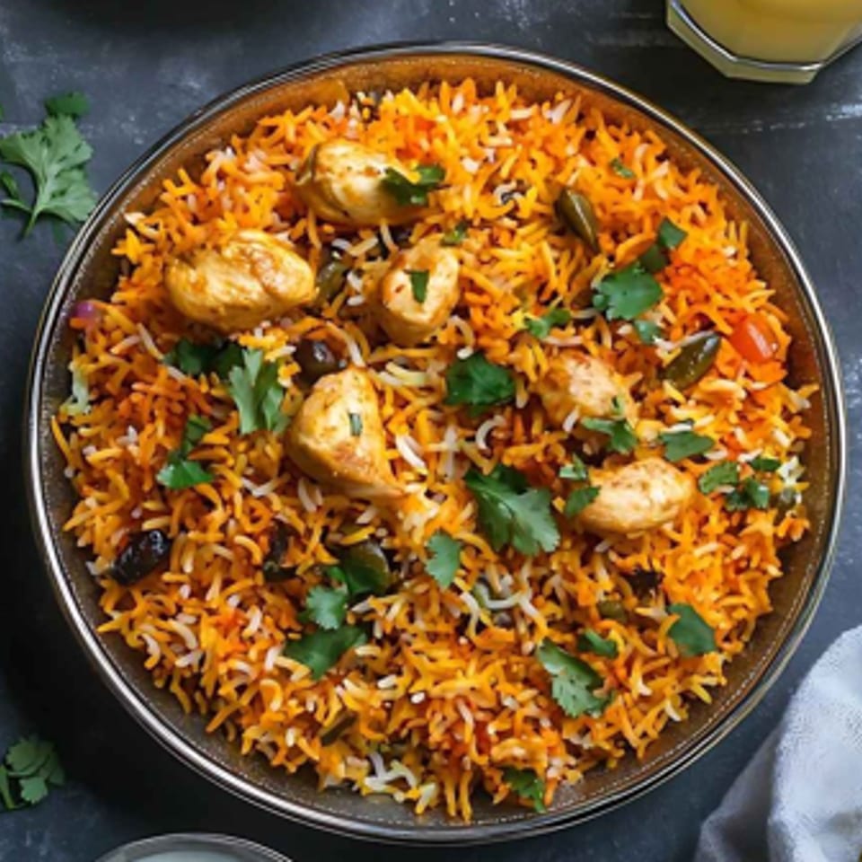 A bowl of chicken biryani with cilantro, green chilies, and raisins on a dark surface.